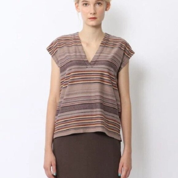 James Perse V Neck Boxy Purple Striped Tee Academia Designer Lightweight 00/XS - Picture 1 of 10